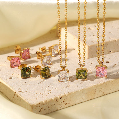 White/pink/tea green square zircon earrings