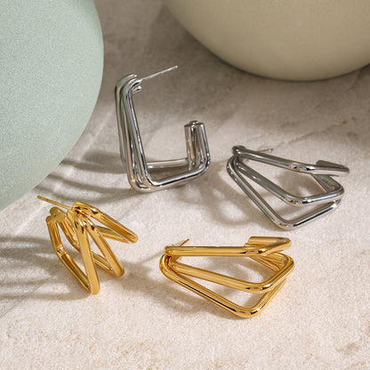 Three-layer square polished earrings