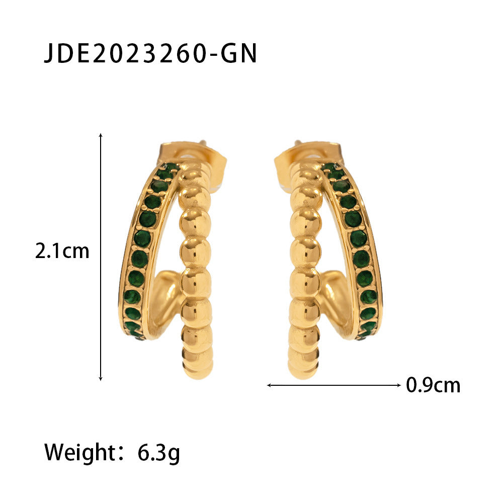 Pendientes de diamantes verdes de doble capa en forma de C 