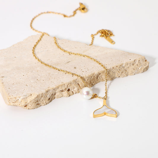 14K Gold Shell Mermaid Pearl Necklace