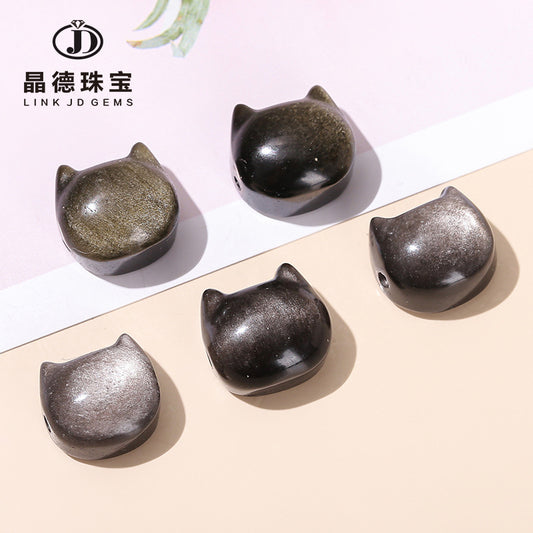 14Mm natural silver obsidian cat head horizontal hole accessories