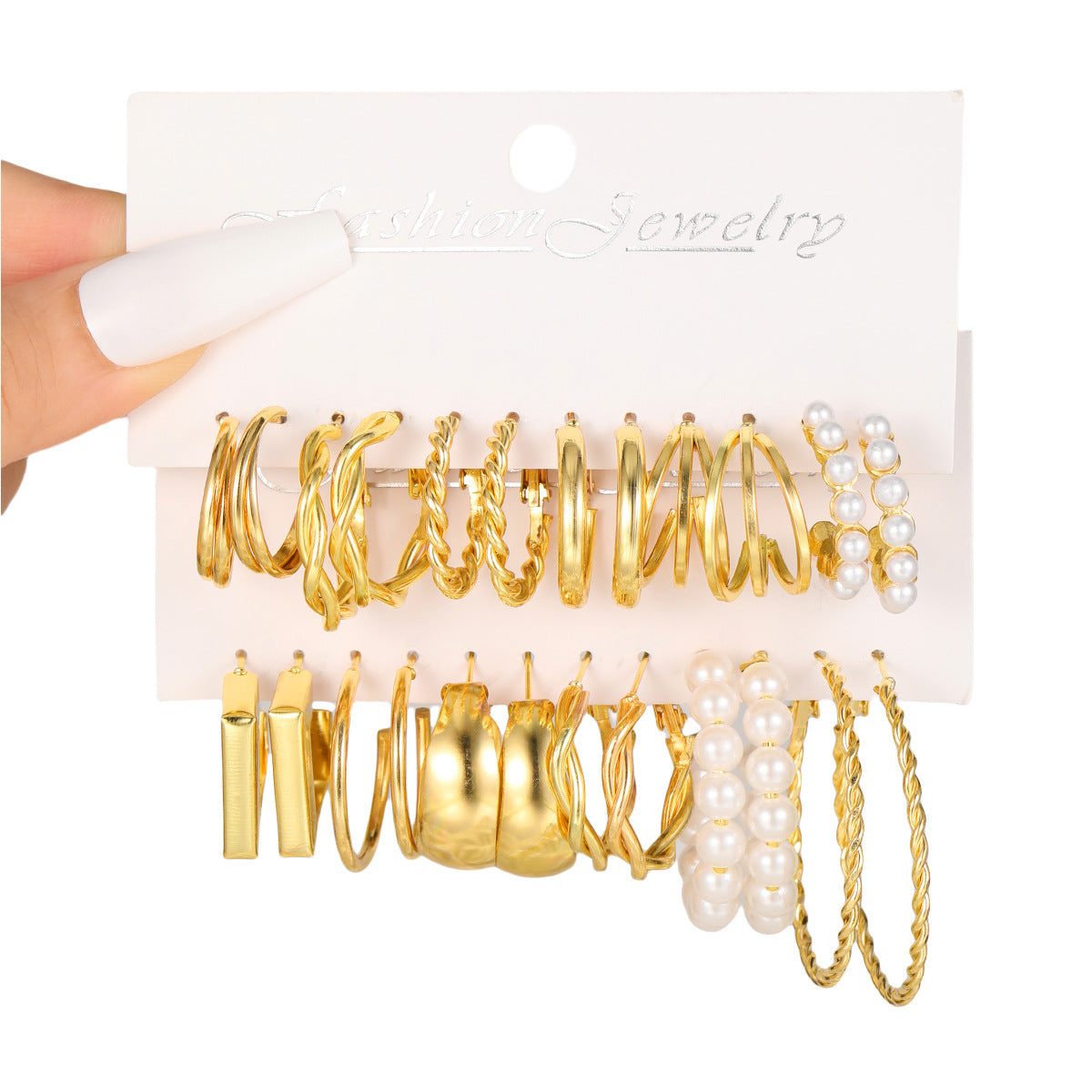 C-shaped geometric pearl alloy earrings 12-piece set