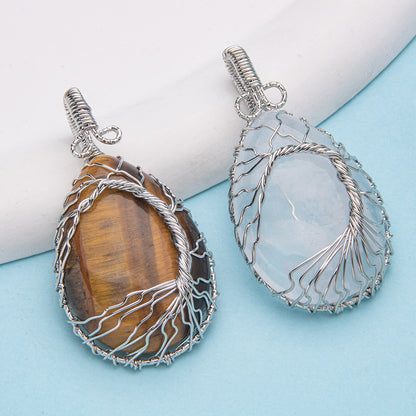 Crystal Silver Wire Wrap Tiger Eye Rose Quartz Pendant