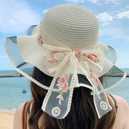 Influencer Ribbon Lace Sun Hat Summer Wide-Brim Straw Hat