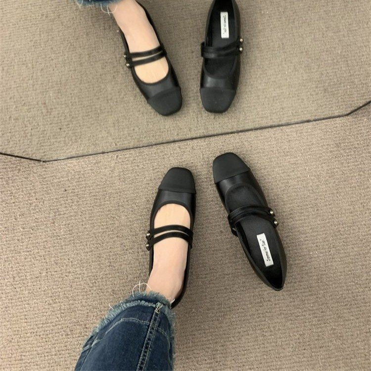 Square head color matching flat women's shoes