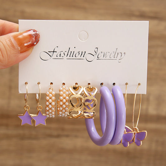 Purple Butterfly Earrings Set 5 Pieces