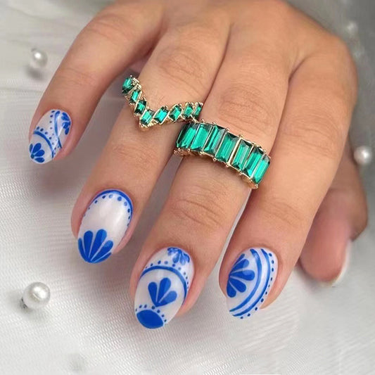 Oval Chinese Style Blue and White Porcelain Nails