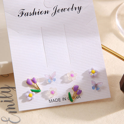 Colorful butterfly and flower earrings set 8 pieces