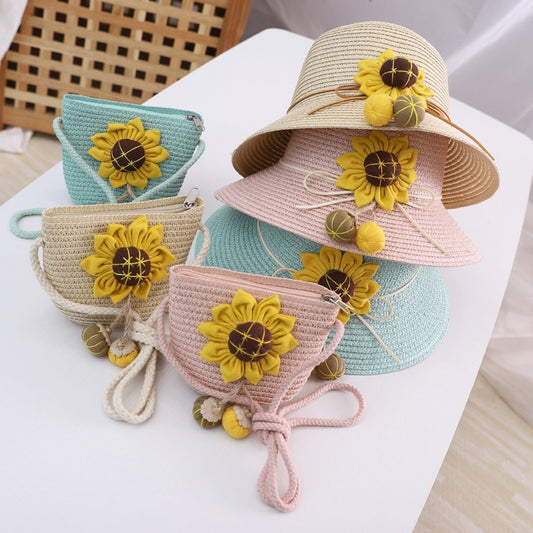 Girls' Summer Fisherman Straw Bag Set Stylish Cute Floral Sun Protection