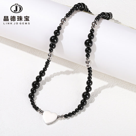 5A Natural Black Agate Necklace Stainless Steel Love Heart Pendant