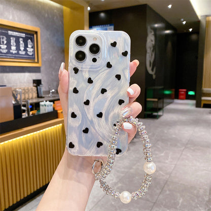 iPhone 15 Pro Silver Heart Apple 12/14 Pearl Chain Hard Case