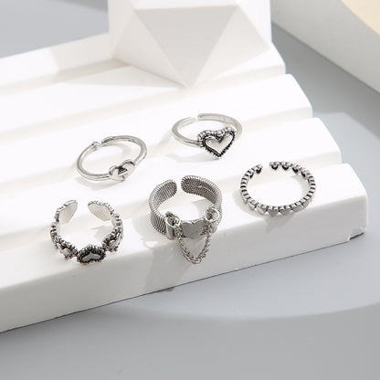 Retro Geometric Open Heart Ring 5-Piece Set