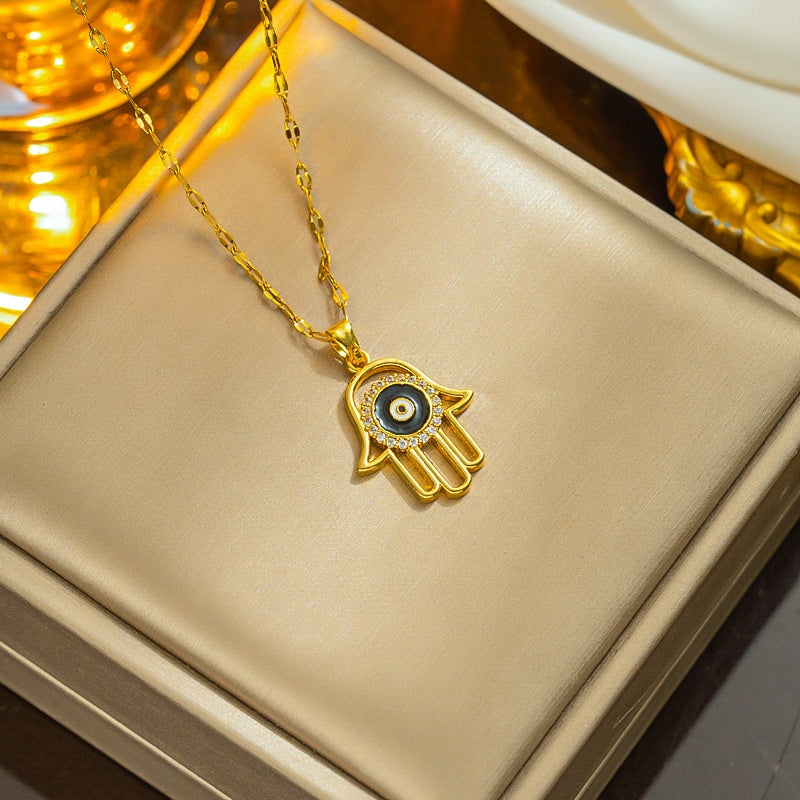 Titanium Gold-Plated Fatima Lucky Palm & Evil Eye Pendant - European Style