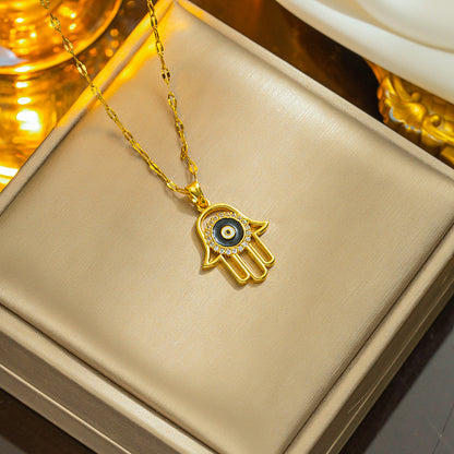 Titanium Gold-Plated Fatima Lucky Palm & Evil Eye Pendant - European Style