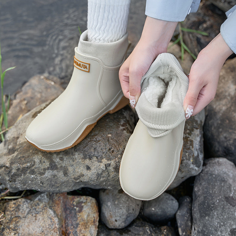 Short tube couple integrated cotton rain shoes