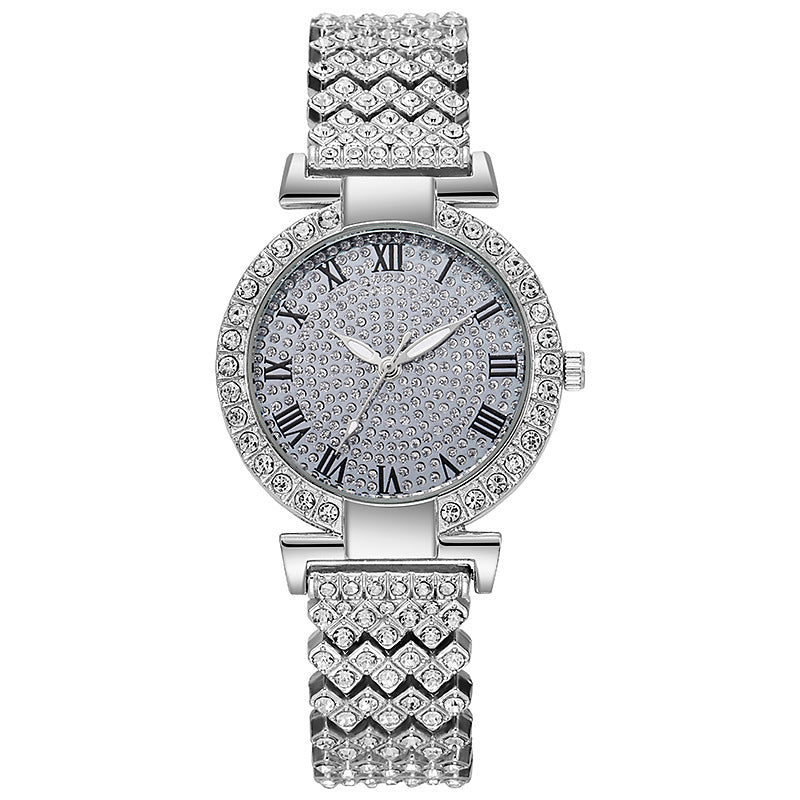 Roman scale diamond-encrusted women's quartz watch