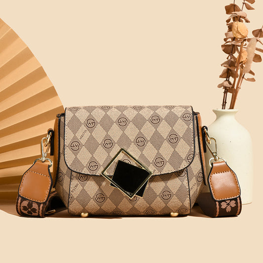 Wide shoulder strap versatile plaid print bag