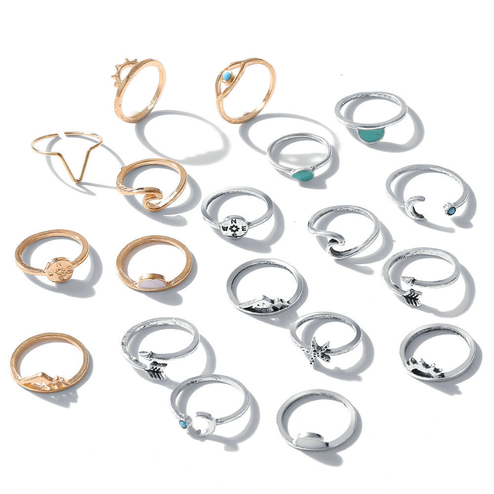 Arrow sun compass moon eye ring 19 piece set rings