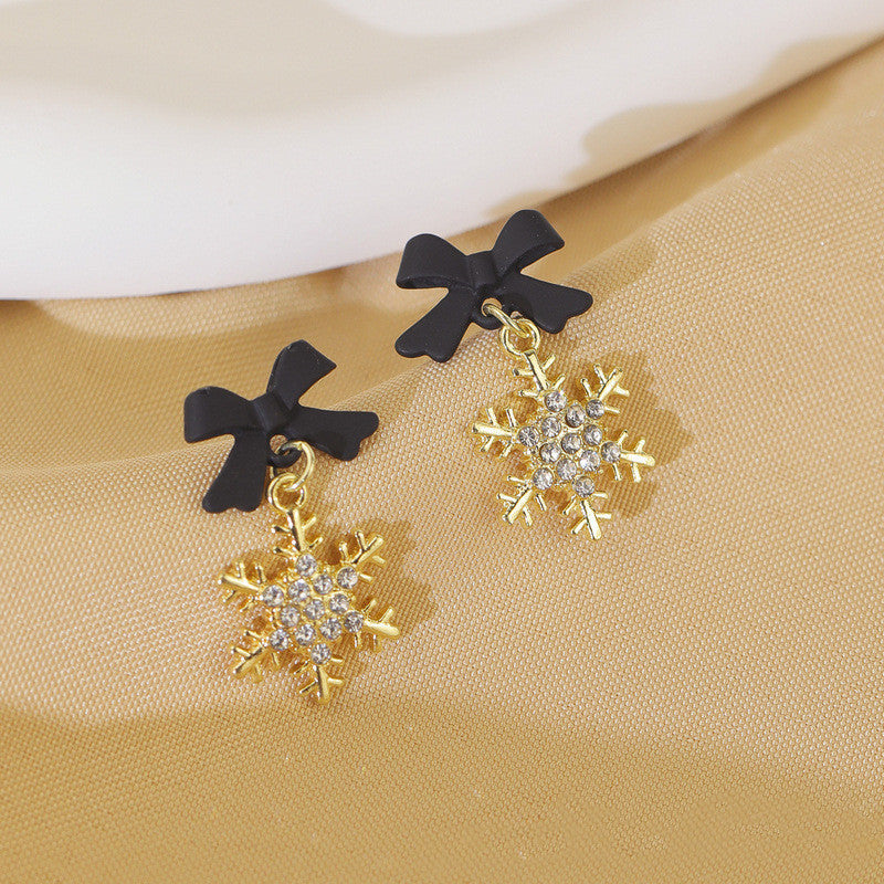 Black red bow snowflake stud earrings