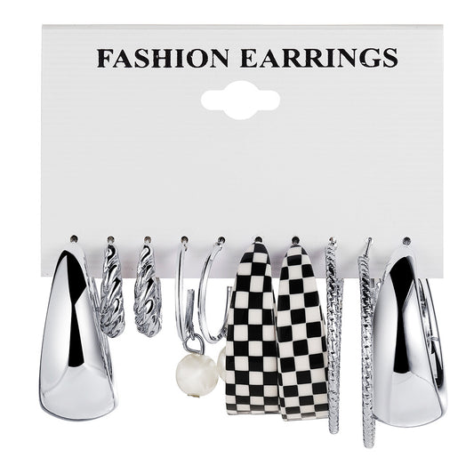 5-piece black and white checkerboard earrings for women