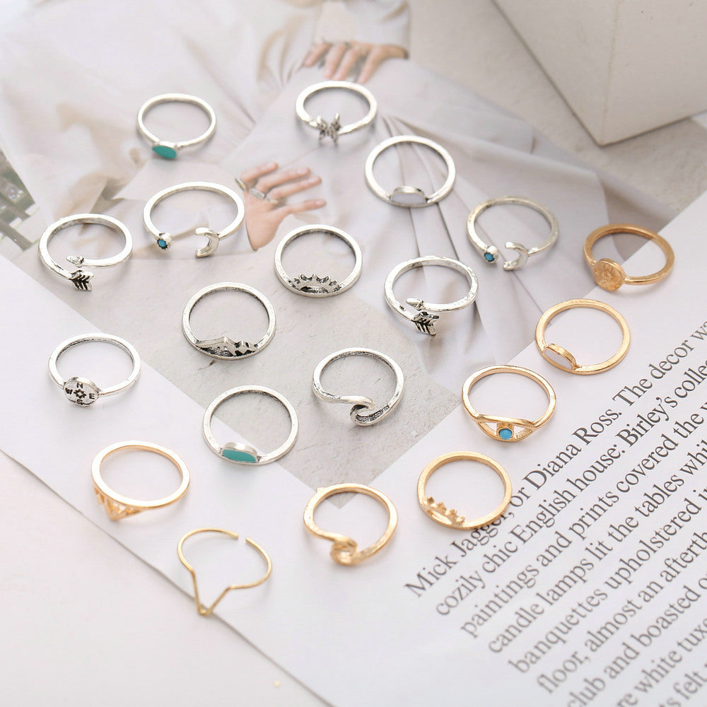 Arrow sun compass moon eye ring 19 piece set rings