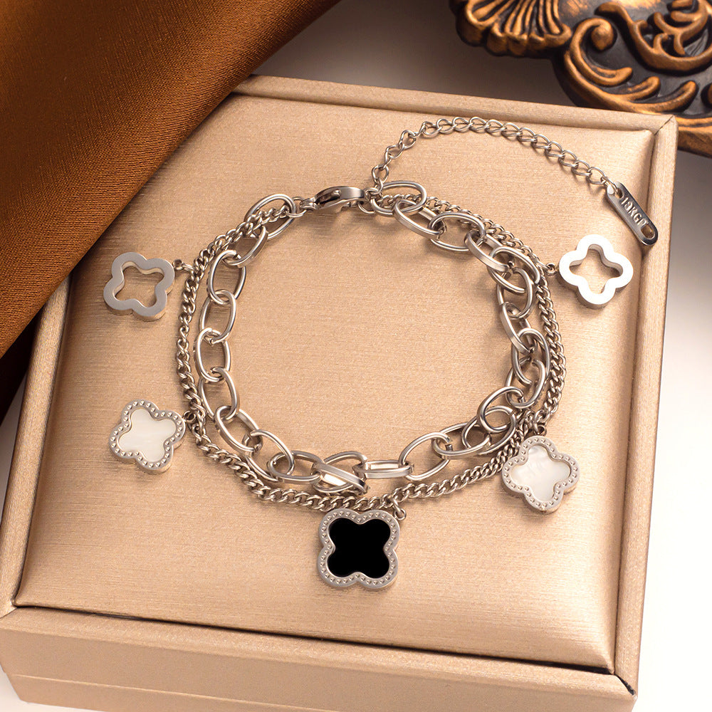 Titanium Steel Double-Layer Four-Leaf Clover Bracelet - Fashionable and Luxurious