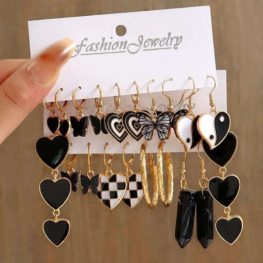 5-piece black and white checkerboard earrings for women