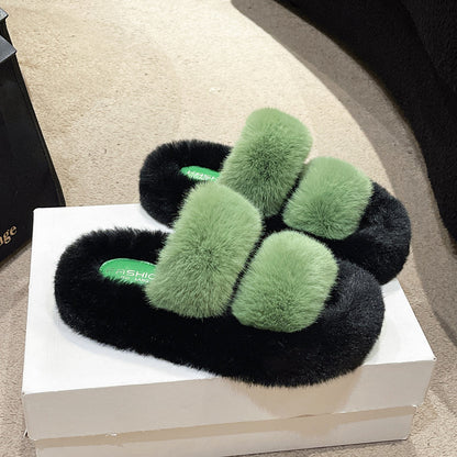 New color-blocked platform shearling slippers