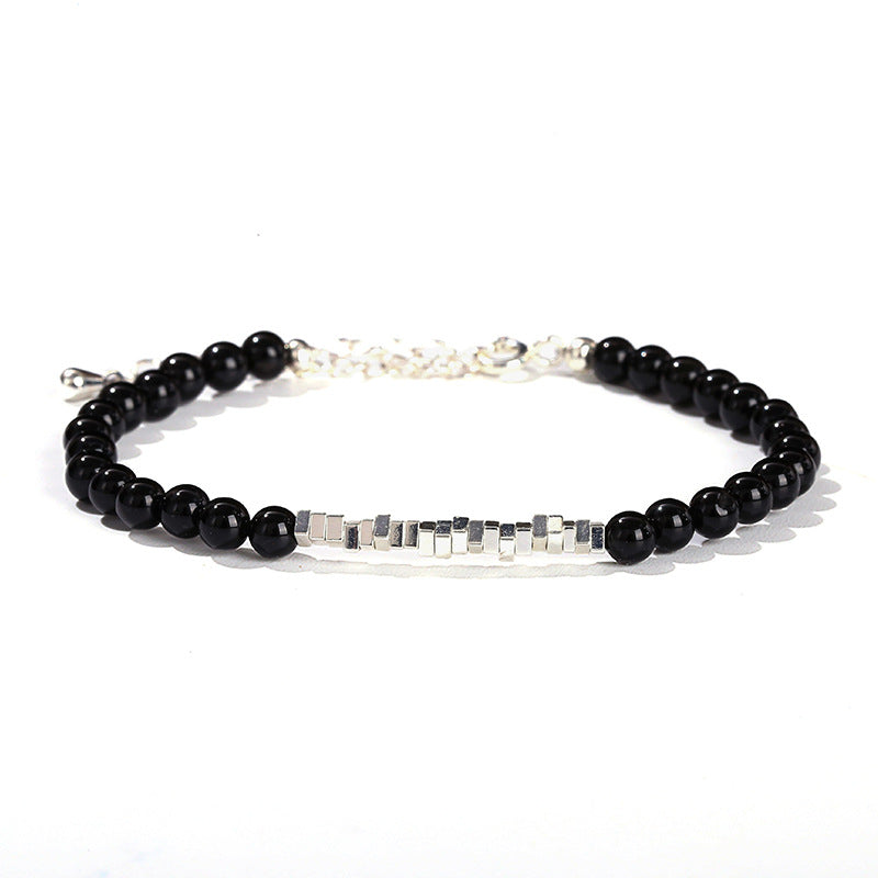 7A Natural Black Agate Broken Silver Bracelet