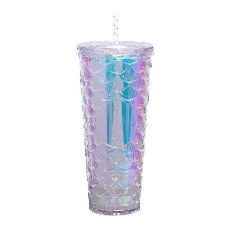 Scaled Pattern Large Capacity Double-Layer Plastic Straw Bottle