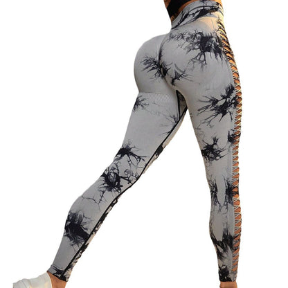 Pantalones de yoga de cintura alta con efecto tie-dye hueco 