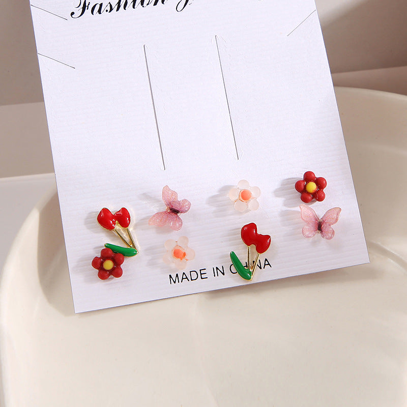 Colorful butterfly and flower earrings set 8 pieces