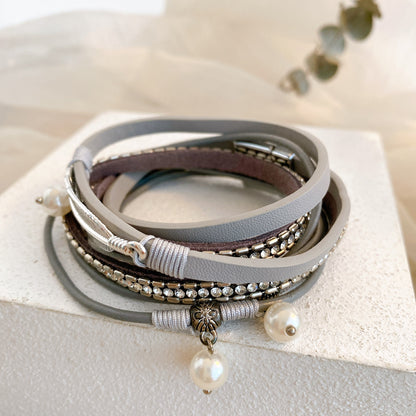 Diamond leaf pearl magnetic leather bracelet