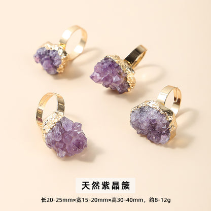 Natural amethyst cluster electroplated gold open ring