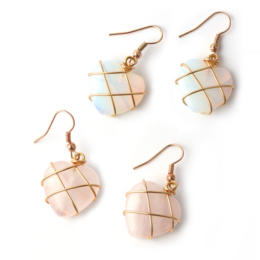 Crystal Heart Gold Wrapped Rose Quartz Earrings