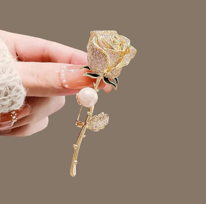 Metal Full Diamond Pearl Rose Brooch