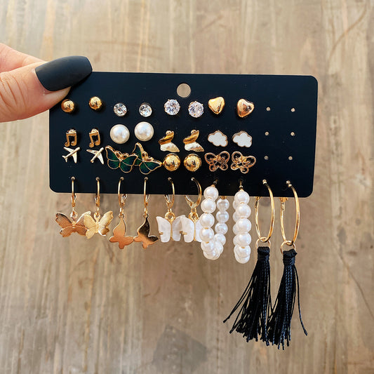 Gold Butterfly Airplane Tassel Earrings 17-Piece Set