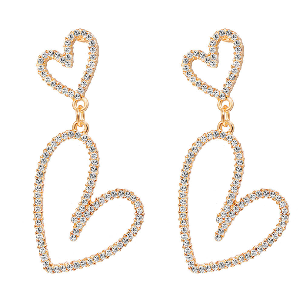 Long diamond hollow heart earrings