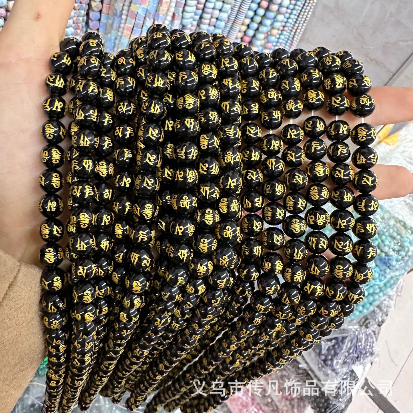 Natural stone black agate engraved loose beads DIY jewelry