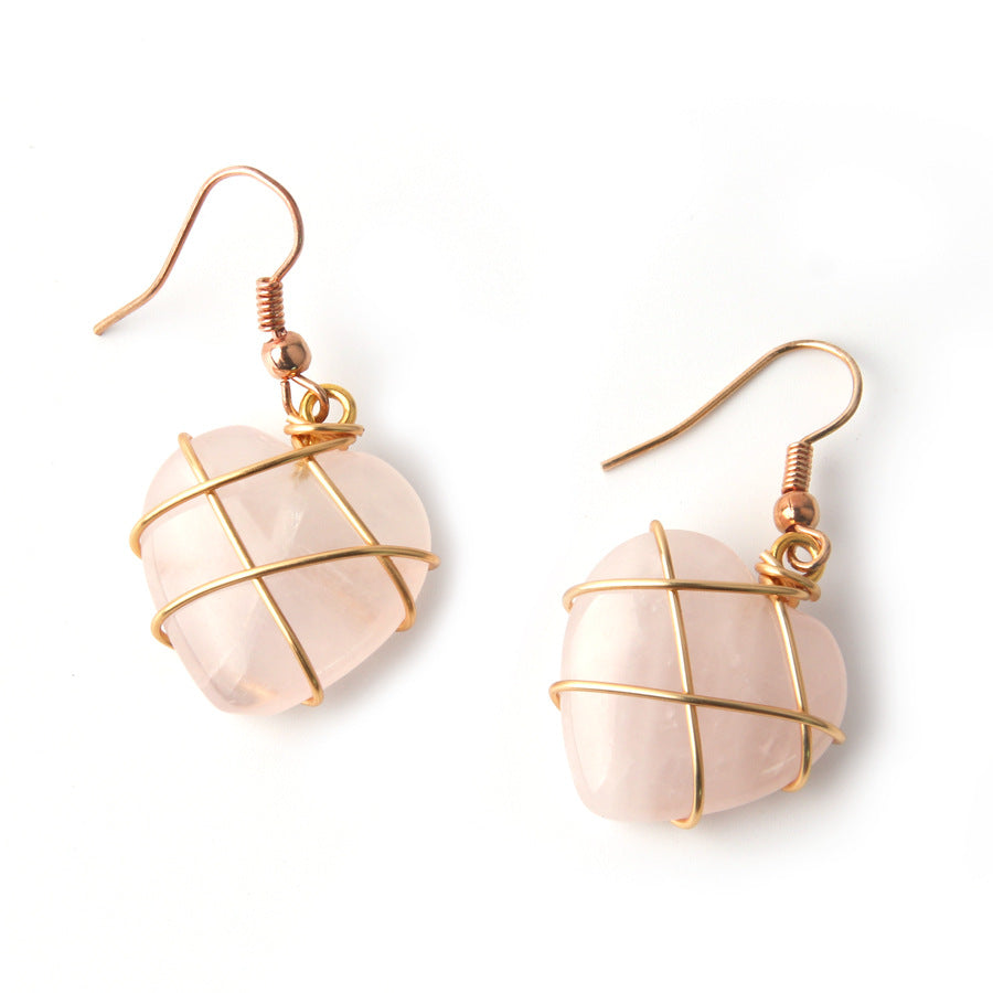 Crystal Heart Gold Wrapped Rose Quartz Earrings