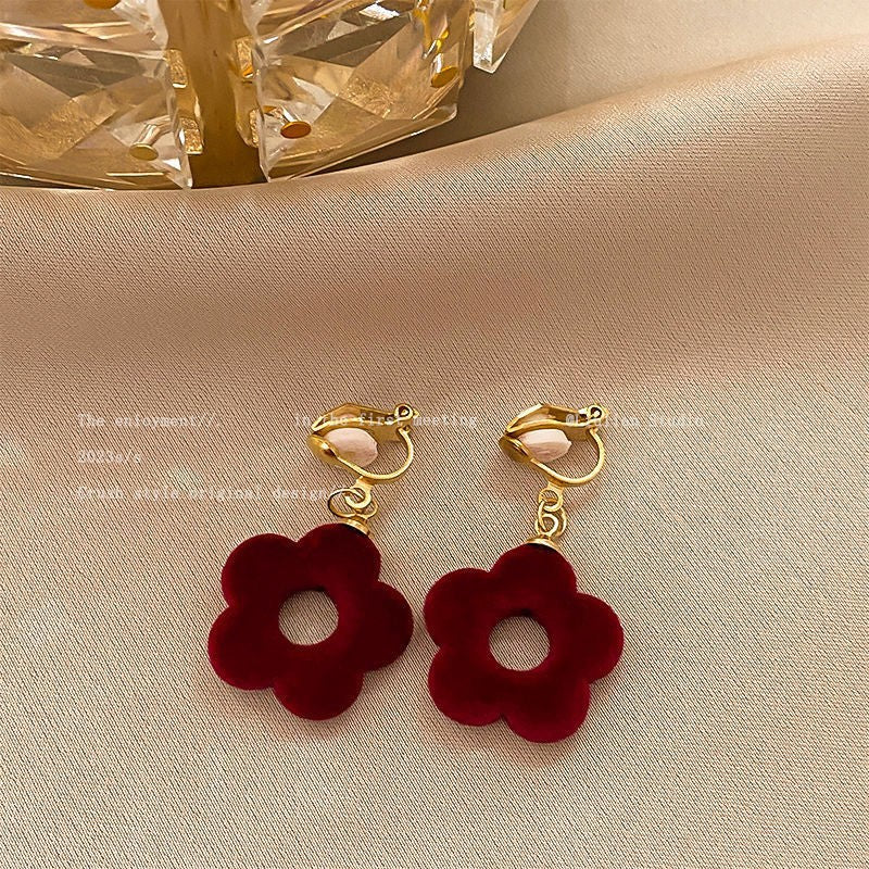 Burgundy Flocking Flower Earrings