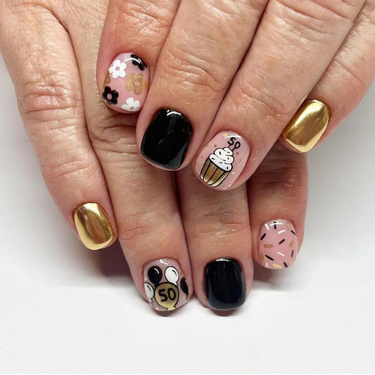 Short Black and Gold Balloon Floral Fake Nails