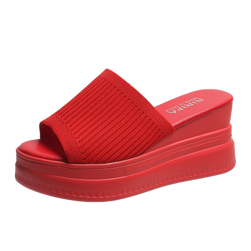 Fish-mouth flatcake fly weave wedge slippers