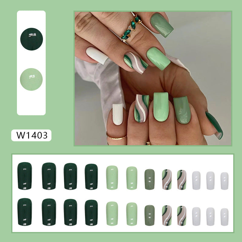 Green Striped Medium-Length Square Detachable Fake Nails