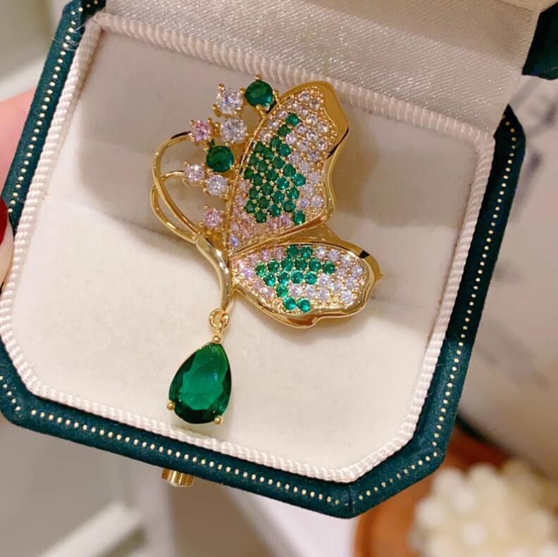 Emerald Full Diamond Butterfly Brooch