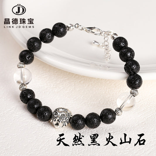 Natural black volcanic stone metal lion bracelet