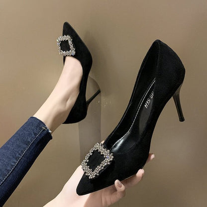 High-heeled suede square buckle shoes