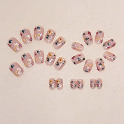 Soft Pink Floral Short Square Fake Nails