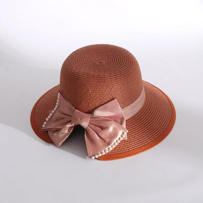 Bow Sun Hat Women Fashion Straw Korean Pearl Wide Brim UV Fisherman