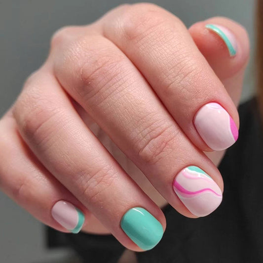 Short Pink and Green Wavy French Fake Nails